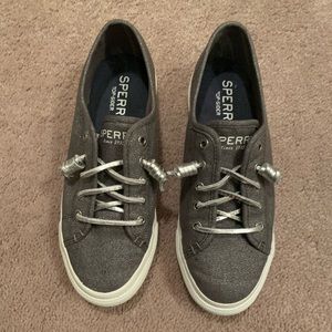 Adorable glittery grey Sperry shoes